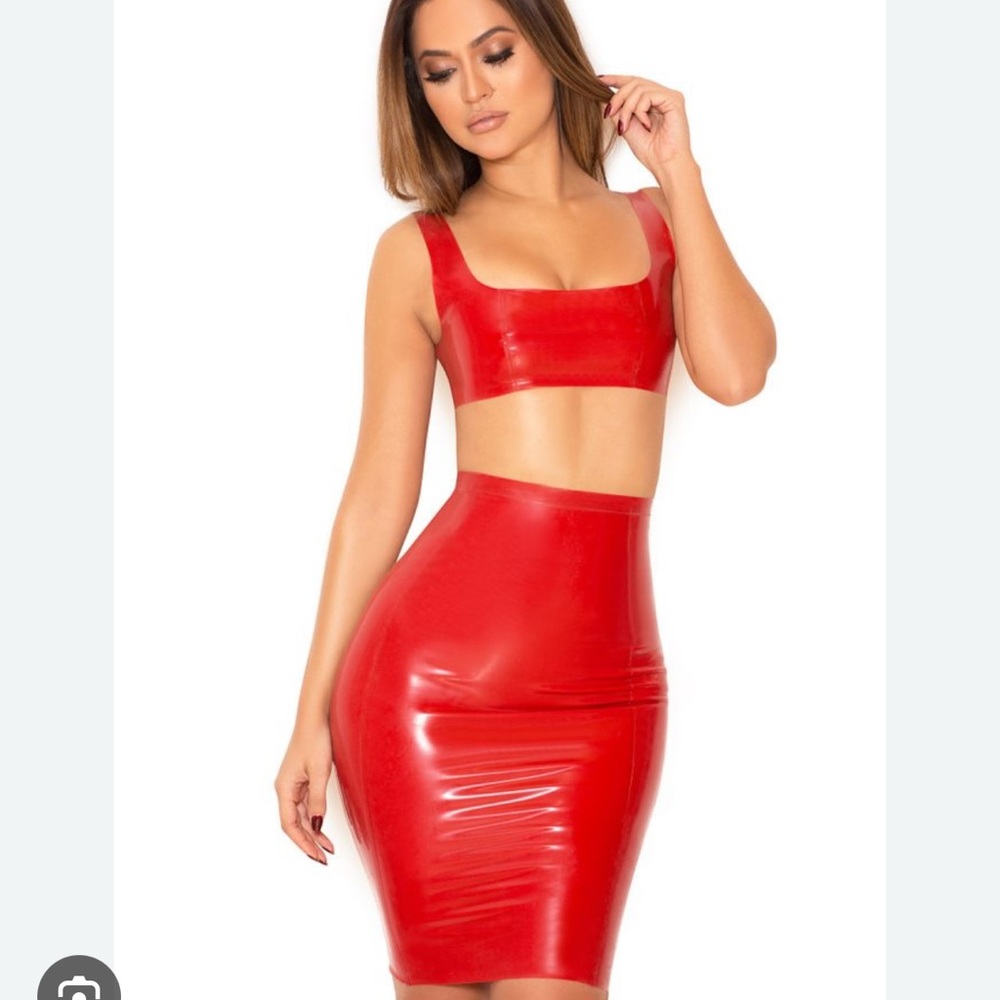 House of CB red latex two piece